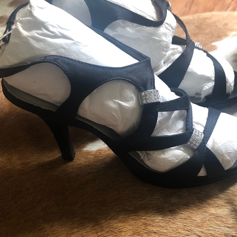 Dyeables Elegant Black Strappy Evening Heels with silver tone Crystal Accents